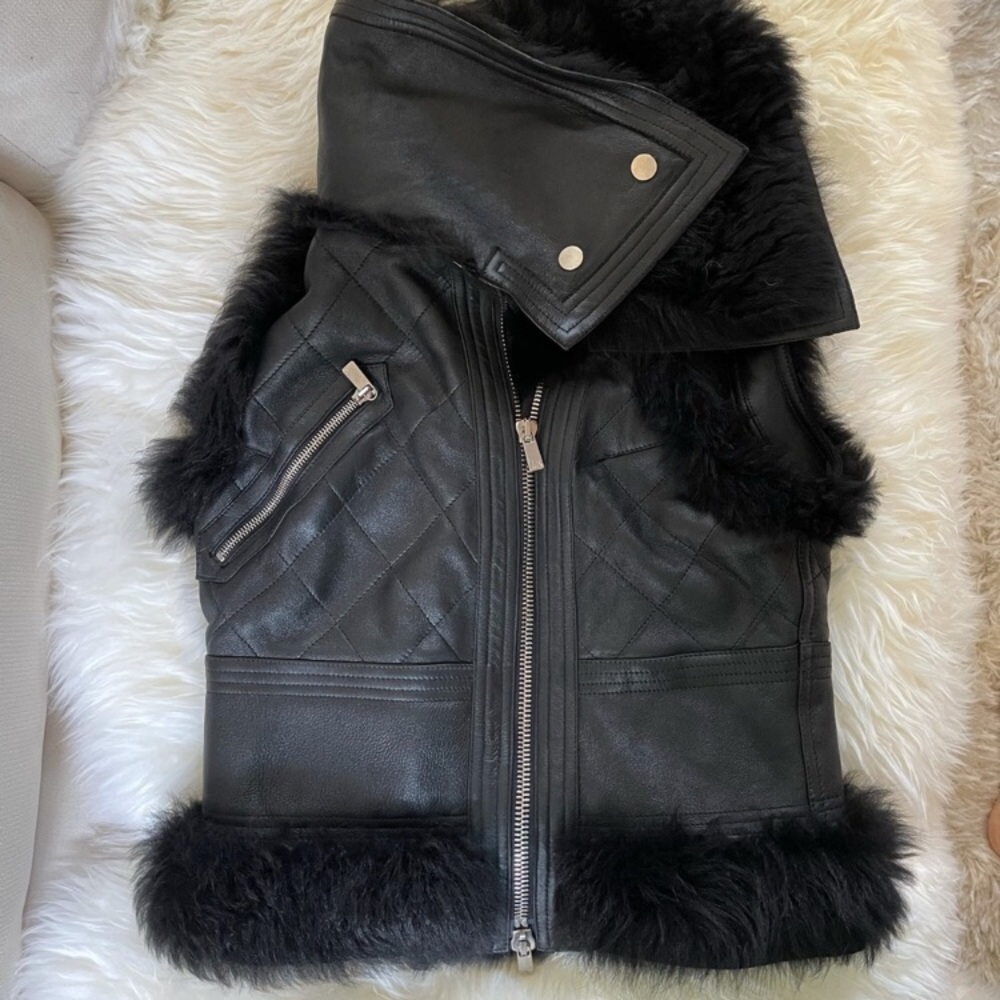 Michael Kors Black Quilted shearling Trim Leather Vest